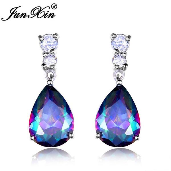 

junxin mystic fire zircon teardrop zircon drop earrings for women purple blue green rainbow pear stone wedding earrings female, Silver