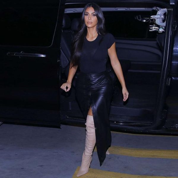 

kgfigu women high waist long skirts 2020 kim kardashian pu leahter maxi split skirt, Black