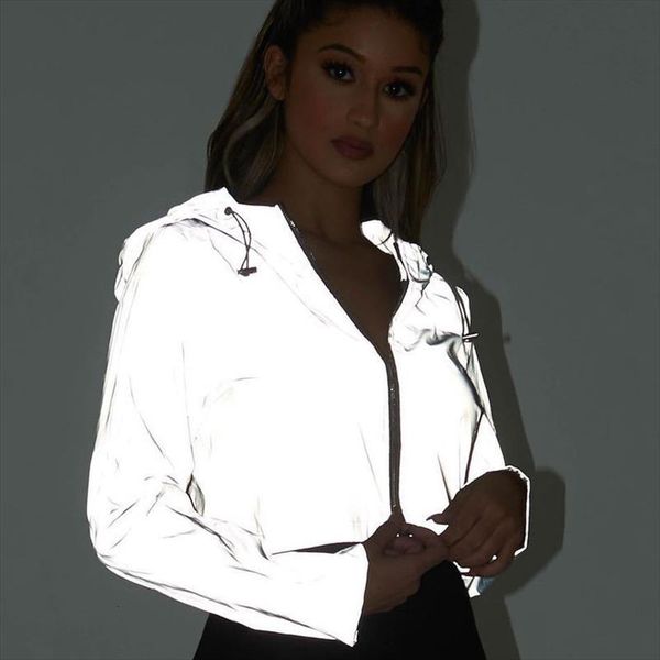 

2021 flash reflective jacket women short hooded coat night glowing short jacket front zipper female reflective hooded, Black;brown