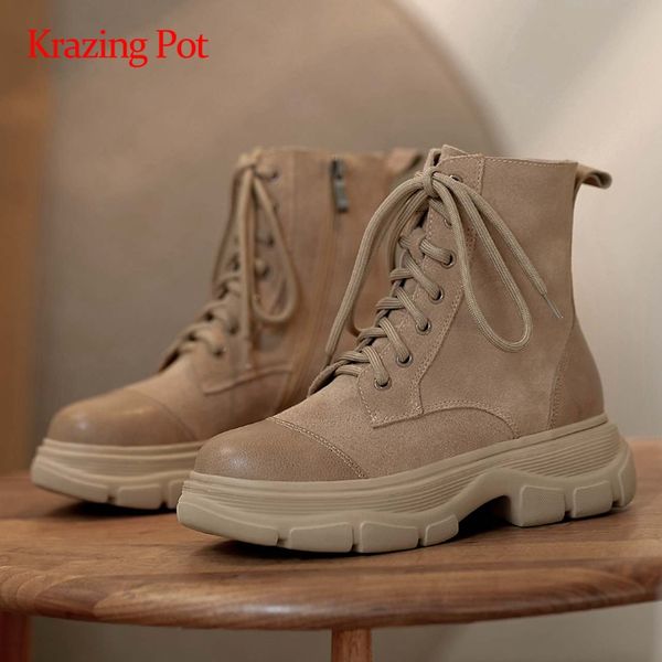 

krazing pot motorcycle boots cow suede waterproof round toe thick high heel lace up patchwork handmade coolest ankle boots l8f7, Black