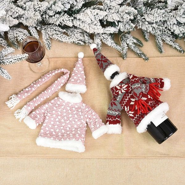 

christmas table decoration cloth art champagne wine bag knitting scarf clothing set christmas wine bottle cover t2i51574