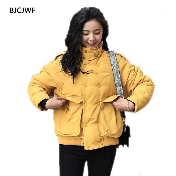 

women's down jacket fashion big pocket female jacket double-breasted short coat stand collar bat sleeved loose cotton new parka1, Black
