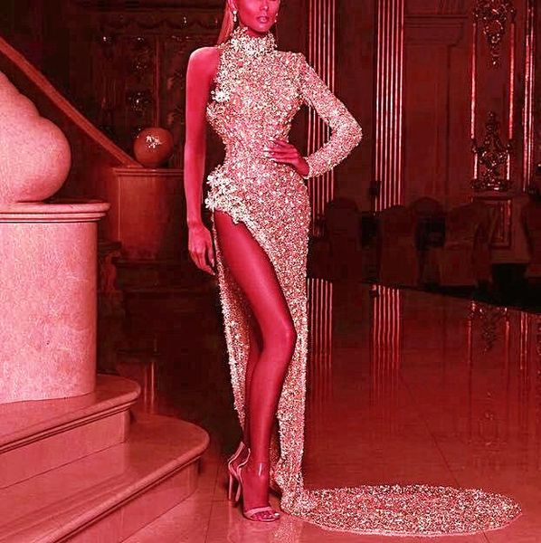 

new style rhinestones pink long tail dress birthday celebrate one sleeve dress evening bar women singer dancer, Black;red