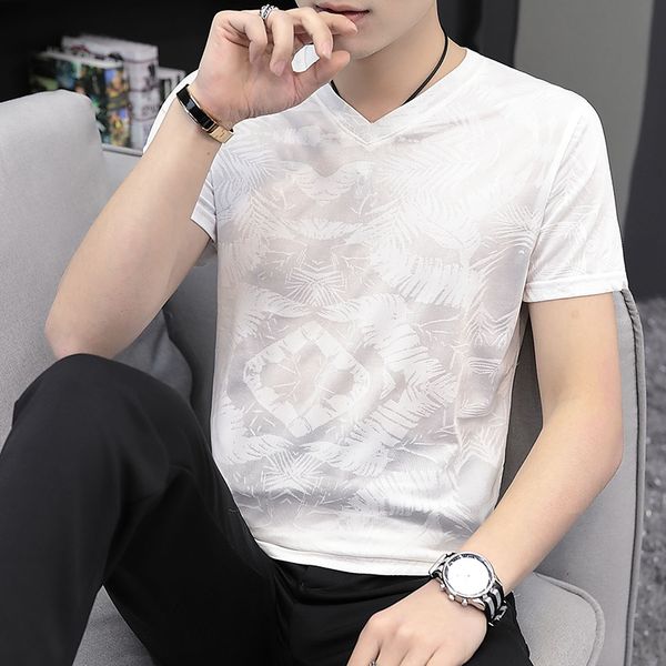

men t shirt fashion 2020 summer v neck ice silk t-shirts streetwear men slim fit short sleeve mens casual tee shirts, White;black