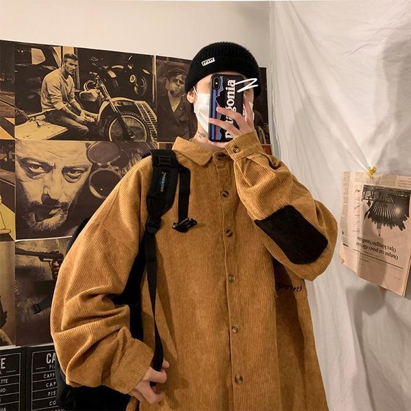 

spring new corduroy shirt men's fashion solid color casual cotton shirt man streetwear wild loose long-sleeved male -2xl1, White;black