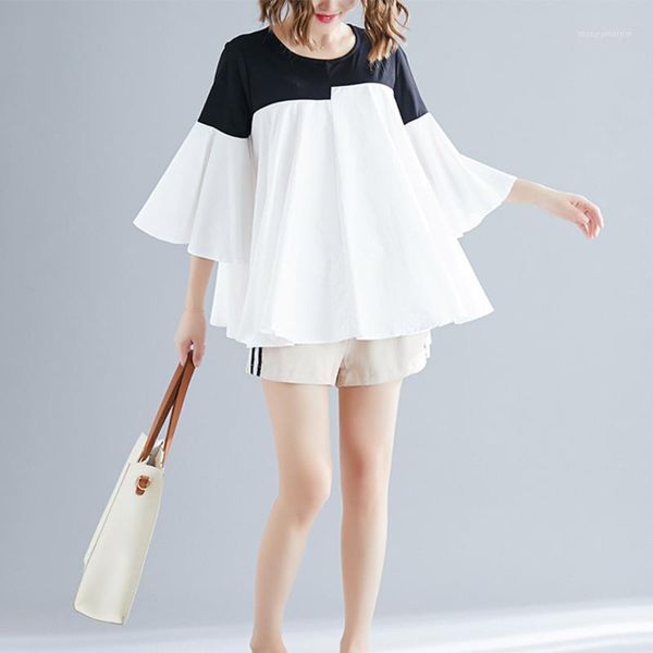 

women's t-shirt supermiss women plus size t shirt summer 2021 short sleeve cotton loose casual ladies tunic femme patchwork tee1, White