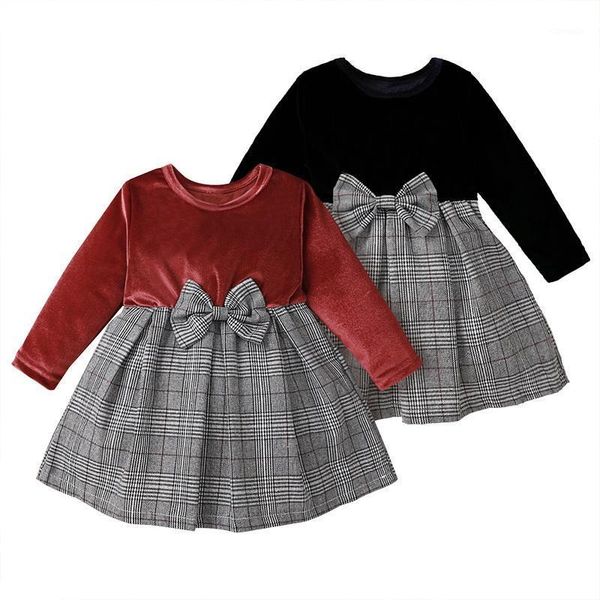 

girl's dresses baby dress 3m-3y kids girl long sleeve velvet patchwork plaid bow princess girls clothes1, Red;yellow
