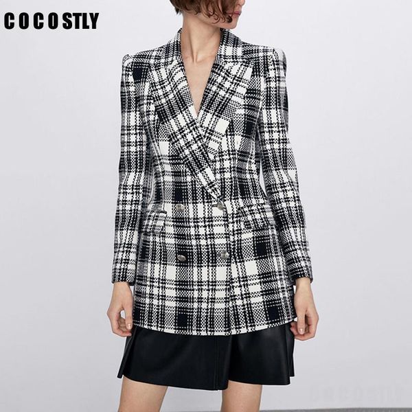 

autumn suit for woman vintage plaid blazers and jackets metal button suit jacket female elegant office ladies blazer mujer, White;black