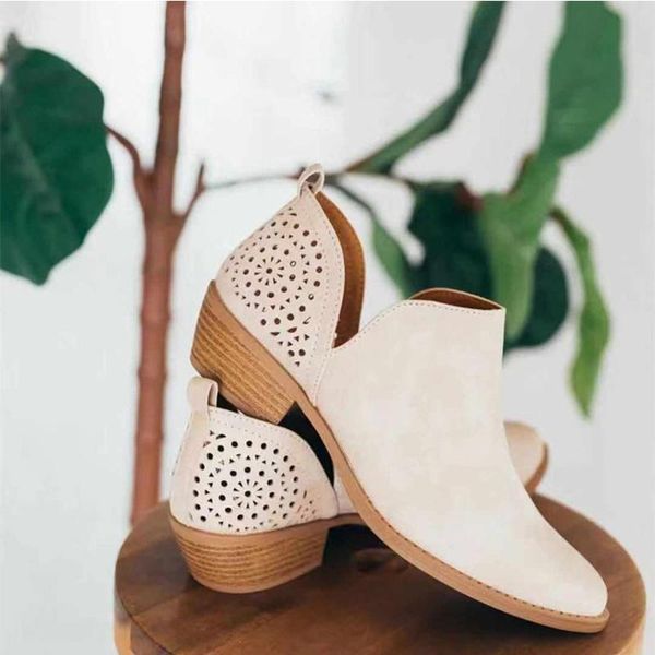 

women's hollow out ankle boots woman retro slip on low heels women casual shoes new ladies pu leather big size female footwear, Black