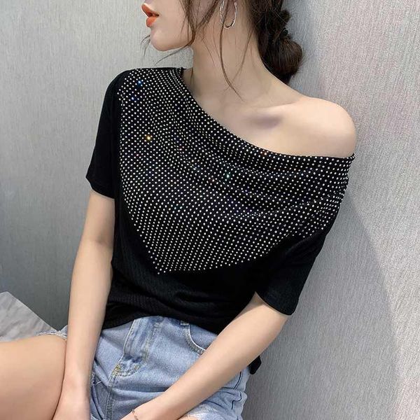 

summer korean clothes t-shirt fashion shiny diamonds off shoulder women ropa mujer shirt short sleeve tees 2020 new t049021, White