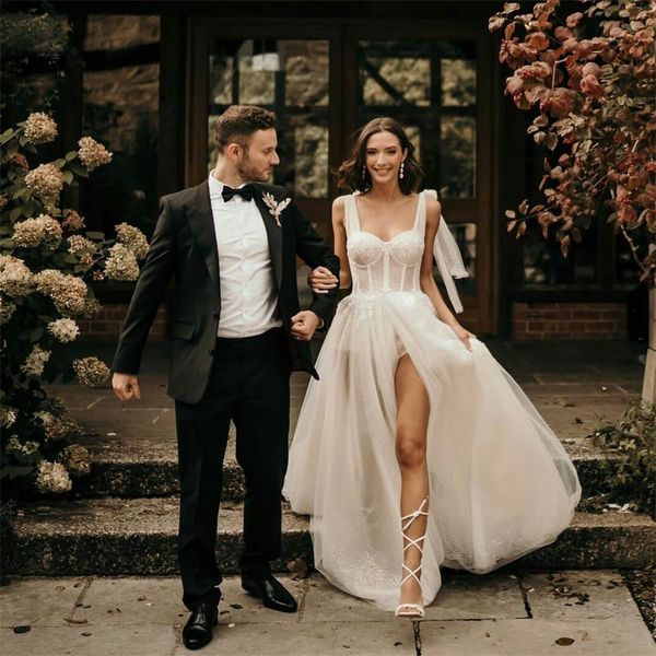 

boho wedding dresses appliqued lace bridal gowns spaghetti strap backless beach custom made vestidos de novia sale, White