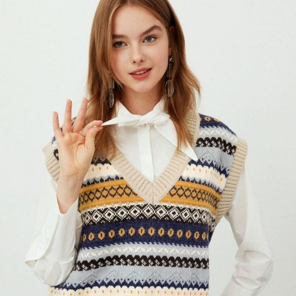 

women's vests knitting vest woman 2021 fashion oversized houndstooth knitted vintage sleeveless sweater vents female waistcoat chic top, Black;white