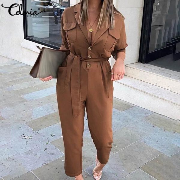 

women fashion suit collar long sleeve jumpsuit celmia plus size solid office long pant romper elegant pockets work overalls 5xl, Black;white