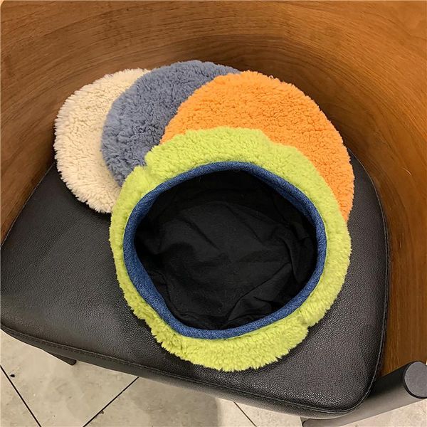

202009-38744 autumn winter plush denim brim color lady beret hat men women leisure painter hat, Blue;gray