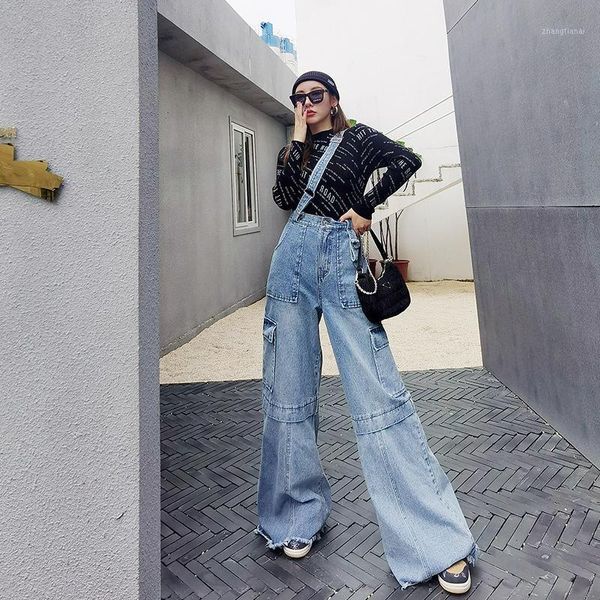 

superaen 2020 new style single shoulder back jeans for women's fashion wide-legged trousers pumping pants1, Blue