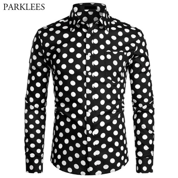 Black White Wolka Dot рубашка мужчины Chemise Homme повседневная кнопка Мужские платье рубашки садовые точки Camisas Masculina USA Size XS-XXL 220222