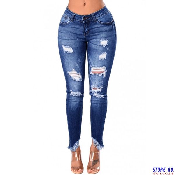 

2020 tassel ripped jeans for women denim pencil pants trousers high waist stretch skinny jeans destroyed boyfriend, Blue