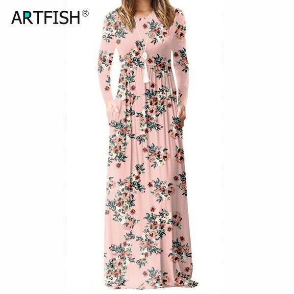 

casual dresses women long sleeve maxi femme summer floral printed a-line dress female boho beach sundress pockets plus size gv083, Black;gray