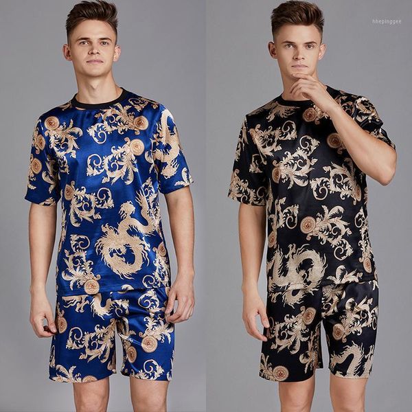

men silk satin pijama set short sleeve pajamas o-neck pyjama homme fashion sleepwear set shorts for summer1, Black;brown