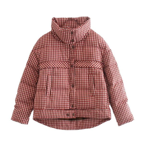 

women's down & parkas 2021 autumn and winter jacket fashion plaid printing casual loose stand-up collar red short, Black