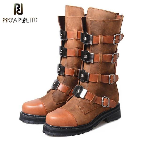 

boots prova perfetto genuine leather mixed metal decoration mid-calf square toe thick heel buckle belt retro matrin women, Black