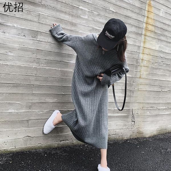 

one piece knitted sweaters dress women winter new korea loose long sleeve hooded mid long dresses wool base sweater dresses 2021, White;black