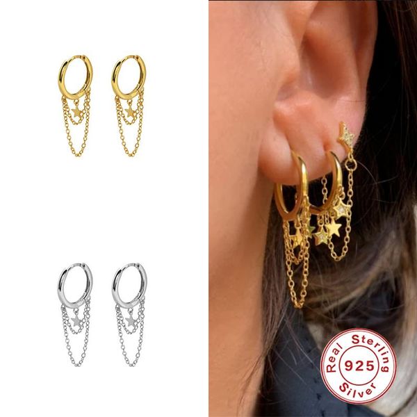 

hoop & huggie romad trendy fashion earring real 925 sterling silver earrings for women tassel double chain earing pendientes wholesale w5, Golden;silver