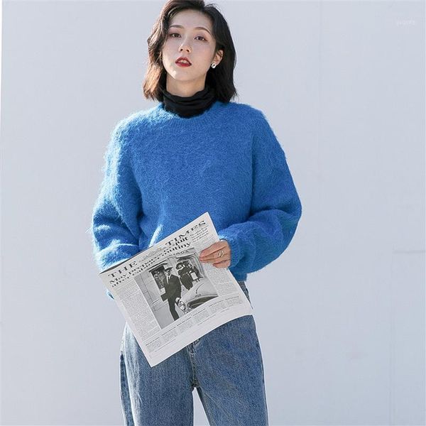 

2021 new fashion autumn winter casual sweater female solid loose long sleeve o-neck warm thick cropped knitted ladies y5581, White;black