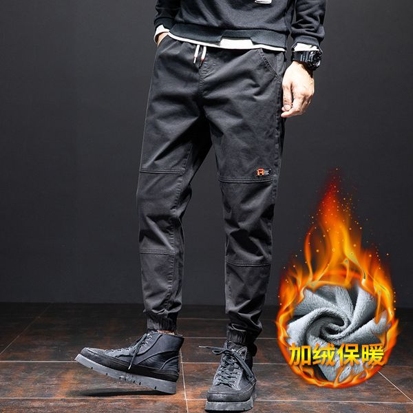 

plush pants autumn and winter harlan men's korean trend thickened overalls leggings, Black