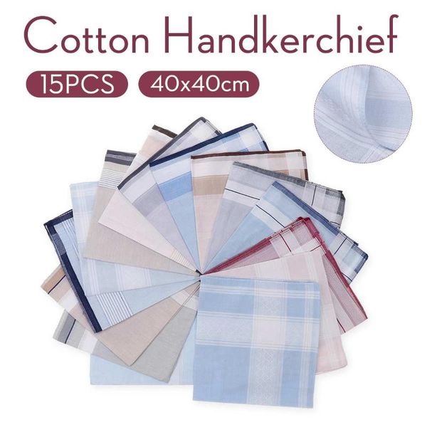 

15pcs men plaid handkerchiefs 100% cotton with stripe hankies gift set women classic handkerchief pocket hanky pocket squares, Black;gray