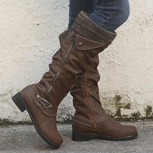 

booties knee-high leather women side zipper square heel high snow boots european round toe shoes plus size 35-43, Black