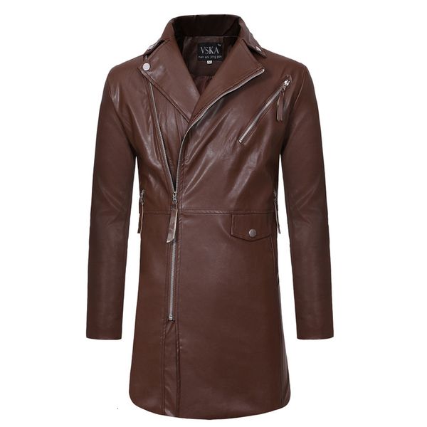 

autumn and winter new inclined zipper lapel men's casual slim medium length leather windbreaker j17095269, Tan;black