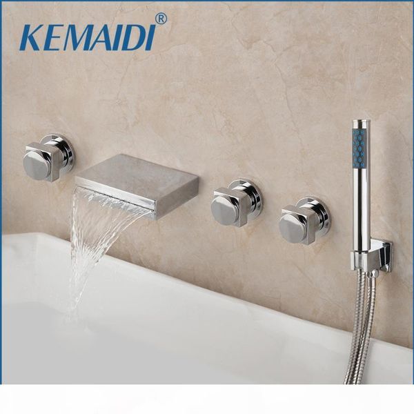 

kemaidi bathtub 3 handles 5pcs faucet solid brass bathroom bathtub waterfall roman mixer taps filler faucet handshower chrome