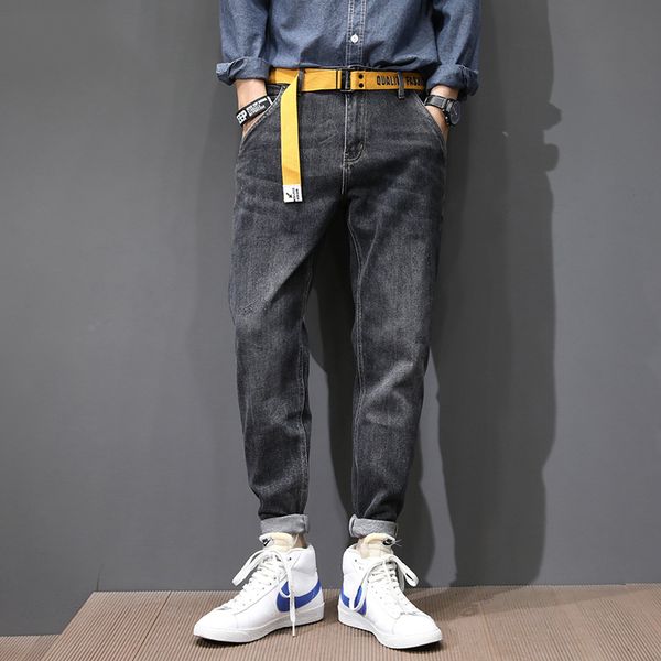 

2021 new korean style fashion men jeans vintage black gray loose fit denim harem pants streetwear hip hop wide leg trousers kgo, Blue