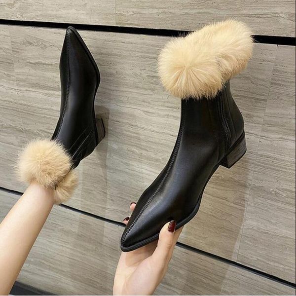 

ankle boots women boots women shoes woman fashion pointed retro warm winter 2020 winter new short fur warm d6961, Black