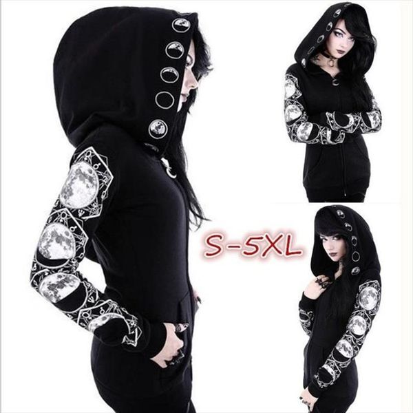 

casual hooded othic hoodies women casual tracksuits sleeve hooded sweatshirts jumper clothes black print zipper drop shipping