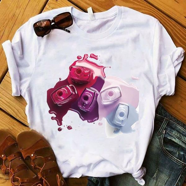 

summer funny nail paint women t shirt casual short sleeve korean kawaii ulzzang tshirt female white print o-neck tees