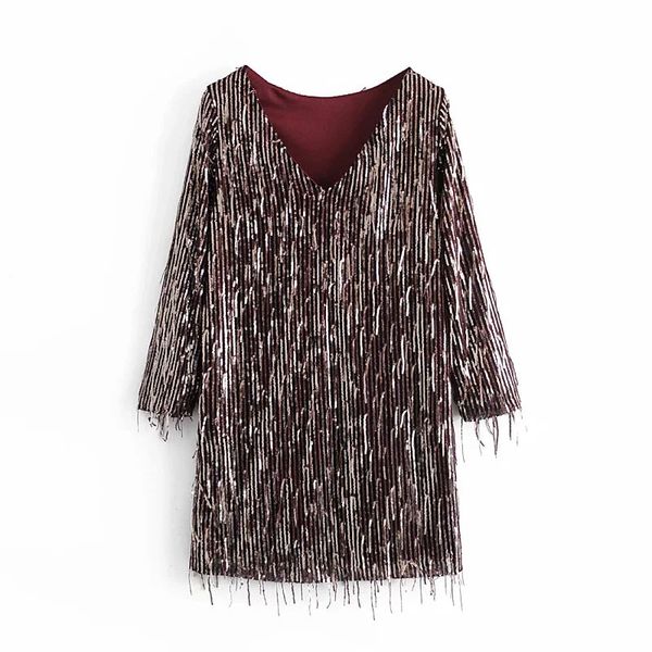 

2021 women new fashion party sequins tassels dress female club lined v-neck long sleeve dresses, Black;gray