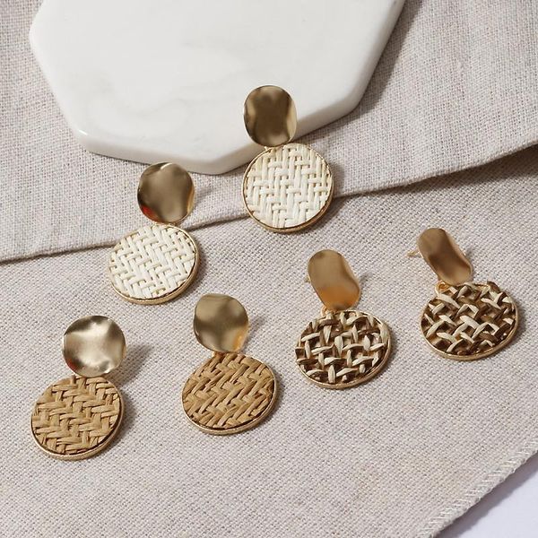 

dangle & chandelier letapi korea handmade straw woven rattan vine braid geometric large circle square long drop earrings for women, Silver