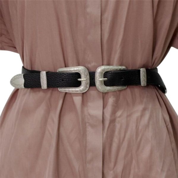 

86 cm women double metal pin buckle belts vintage strap design pu leather belt gifts for woman 1pcs, Black;brown