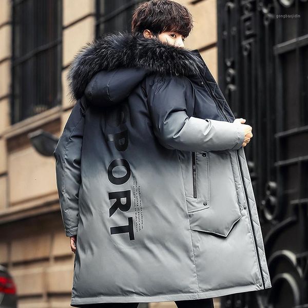 

fur collar business casual hooded down jacket men warm winter 90% white duck long down jacket men coat youth1, Black