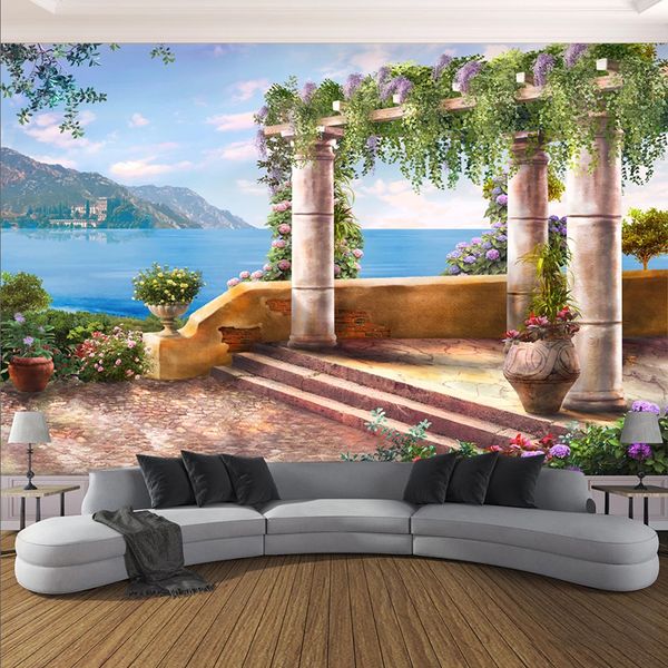 Gewohnheit irgendeine Größe Tapete Tapete 3D Römische Spalte Meer Landschaft Fresco Restaurant Wohnzimmer Hintergrund-Wand Papel De Parede 3 D