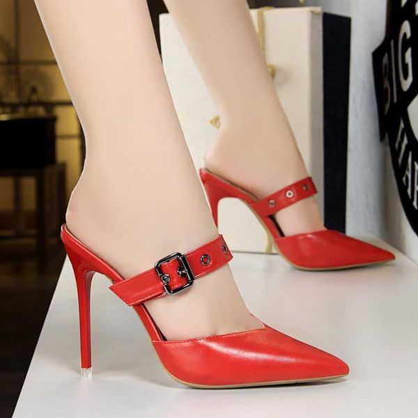 

mules classic pumps women shoes leder high heels metal slippers wedding shoes block heel pointed toe thin heels ladies, Black