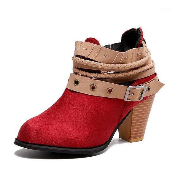 

nis women winter ankle boot retro style strappy high block heel zip pointy toe shoes belt buckle women winter casual shoes1, Black