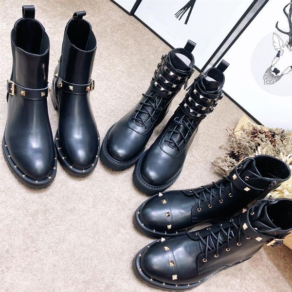 

2021 fashion brand women's boots genuine leather boots for woman autumn winter rivets ankle size 34-42 women's shoes, Black