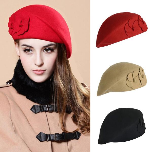 

2021 wool elegant women solid beret fashion simple all-match beanie warm wild casual hat with flower female cap, Blue;gray