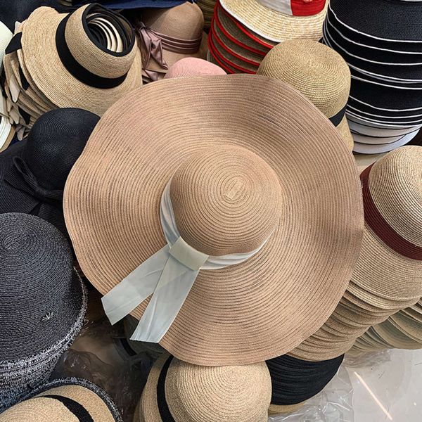 

and ladies summer spring big eaves hat women's ribbon decoration pure color elegant temperament thin style beach leisure versatile trav, Blue;gray