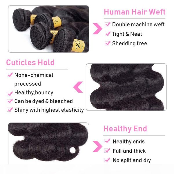

vshow body wave 3 bundles with closure remy hair weaves bundles human hair fro women brazilian hair weave bundles with closure, Black