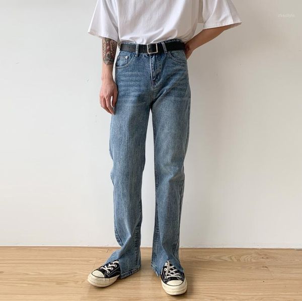 

men split hem straight denim pants male vintage fashion streetwear hip hop long jeans trousers japan korea style cowboy pant1, Blue