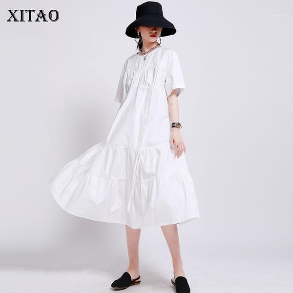 

xitao pleated drawstring black white dress women clothes 2020 summer new fashion casual pullover short sleeve dress gcc37521, White;black